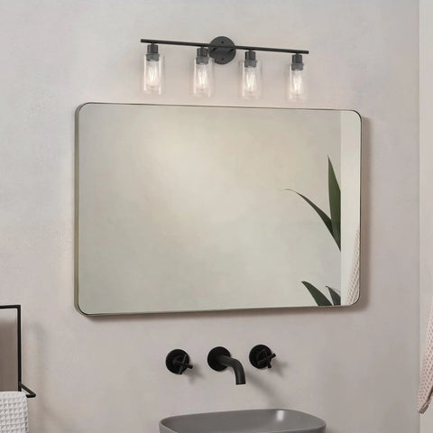 Matte Black 4 Light Vanity Light Over Mirror Dope Modern Sconce With UL Certified E26 Base in bathroom setting.