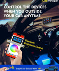 Person using 8 Gang Bluetooth App Controlled Switch Panel For 12V-24V Accessories Waterproof Car Boat Truck RV Power Relay System With Momentary Pulsed On Off Function, 80A Max, 960W-1920W Capacity via smartphone inside a car.