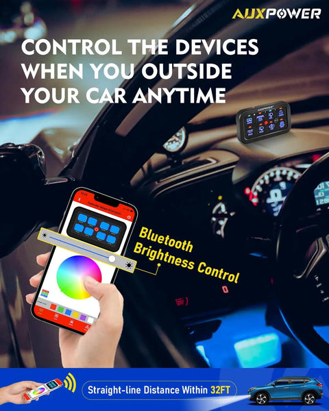 Person using 8 Gang Bluetooth App Controlled Switch Panel For 12V-24V Accessories Waterproof Car Boat Truck RV Power Relay System With Momentary Pulsed On Off Function, 80A Max, 960W-1920W Capacity via smartphone inside a car.