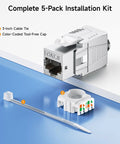 UL Listed Shielded Cat 8 RJ45 Keystone Jack 5 Pack, 40Gbps ready, shown with color-coded tool-free cap and cable tie, ideal for panels and plates