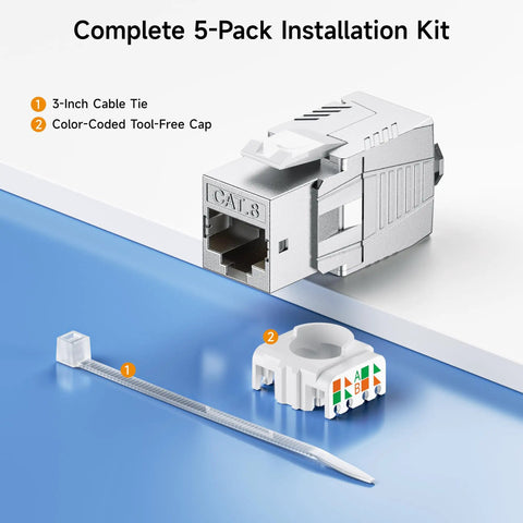 UL Listed Shielded Cat 8 RJ45 Keystone Jack 5 Pack, 40Gbps ready, shown with color-coded tool-free cap and cable tie, ideal for panels and plates