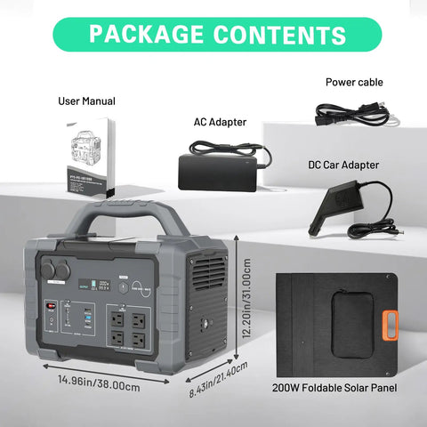 Package contents of 1000W Portable Power Station With Solar Panel 1024Wh Capacity showing power station, cables, and accessories