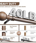 Walnut Wood Grain Curtain Rod Set Go-To Heavy Duty Iron Rods With 1 Inch Diameter Adjustable 28 To 48 Inch Imitation Wood Finish Finials Decorative Window Rod Set For Vintage Home Decor And Everyday Use demonstrating 40lb capacity