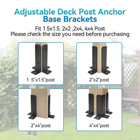 Adjustable Deck Post Anchor Base Brackets for 1.5x1.5 to 4x4 wood posts in various sizes with outdoor installation example