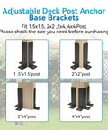 Image showing different sizes of Eight Piece Adjustable Deck Post Anchor Base Brackets Set Fits One And A Half By One And A Half Inch And Two By Two Two By Four Four By Four Posts For Deckin Fencing Pergola Railing And Patio Covers Wood Post Support Kit.