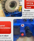 Close-up of hydraulic hose crimping tool with precision carving machine head and spiral micrometer