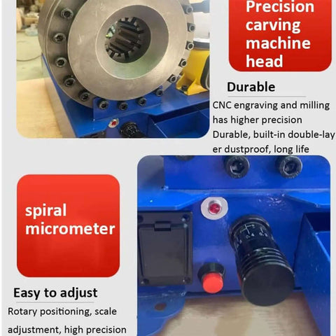 Close-up of hydraulic hose crimping tool with precision carving machine head and spiral micrometer