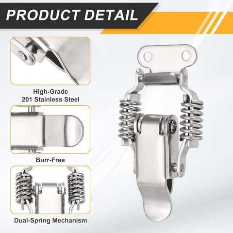 Super Tough Stainless Steel Spring Loaded Toggle Latches With Angle Hook For Toolbox Garage Cabinet And Barn Doors Rust Resistant Heavy Duty Locking Hasps Clamps Set Of 2 Pieces That Hold Up Big. 201 steel 59x35mm latch close-up