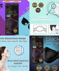KF94 Black Face Mask Set packaging with ear loop adjustment instructions and side view of mask on model.