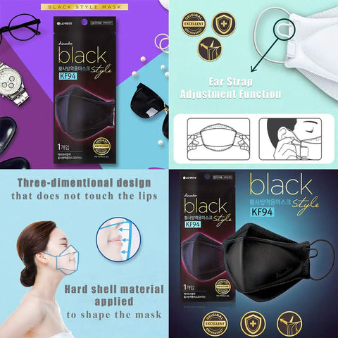 Black KF94 Face Masks 4-Ply Disposable Breathable Protection For Everyday Use box, mask design features, and adjustable ear loops