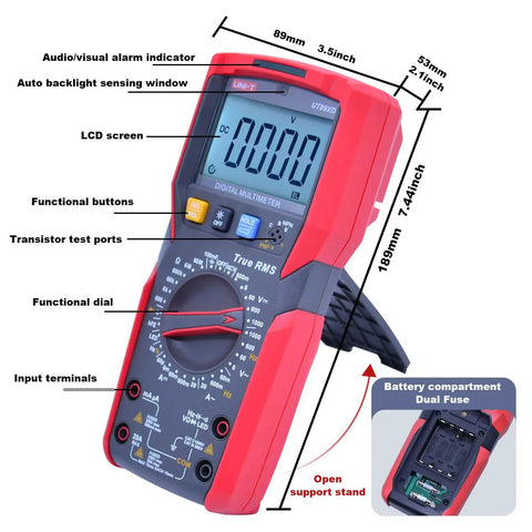 Pro Grade Digital Multimeter With TRMS 6000 Counts Reads 1000V AC DC, showing buttons, dial, and battery compartment open.