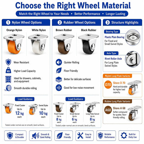 Infographic on choosing wheel material for 0.5 Inch Mini Caster Wheels With Fixed Plate Swivel Plate Or Adhesive Mount Options