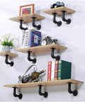 Wall-mounted wooden shelves with Beefy Iron Pipe Shelf Brackets For 7 To 14 Inch Boards, L Style Floating Shelves, holding decor items.