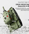Green RC battle tank demonstrating durability, part of the Two Player 1 To 64 RC Battle Tank Set With Infrared Shoot Dual Tanks.