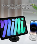 Built Different All Metal Cell Phone Stand 360 Degree Rotatable Height Adjustable Beast Mode Heavy Duty Foldable Desk Holder For iPhone And Switch with phone and tablet in use.