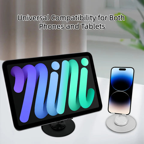 Built Different All Metal Cell Phone Stand 360 Degree Rotatable Height Adjustable Beast Mode Heavy Duty Foldable Desk Holder For iPhone And Switch with phone and tablet in use.