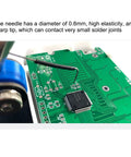 Close-up of 8X Timing Signal Flying Lead Data Repair Test PCB Multimeter Needle on green circuit board for soldering.