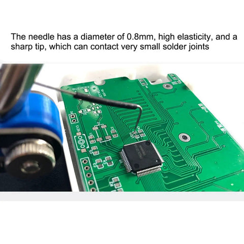 Close-up of 8X Timing Signal Flying Lead Data Repair Test PCB Multimeter Needle on green circuit board for soldering.
