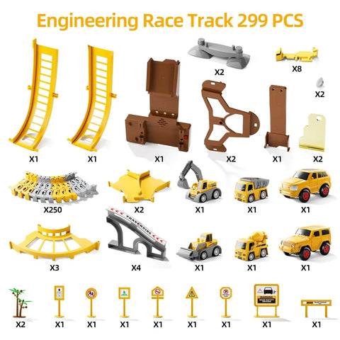 Awesome Construction Race Track Playset With 299 Pieces Of Flexible Track System Includes Race Cars Mini Trucks A Bridge Signs And Trees For Ages 3 4 5 6 A Great Gift For Young Builders image showing all 299 components including tracks and vehicles.