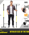 Person holding Heavy Duty Bow Rake With Long Handle For Gravel Rocks Leaves And Soil Leveling 59 Inch Reach 18 Steel Tines Tough As Nails Rust Resistant Construction For Landscaping And Lawn Care with measuring comparison