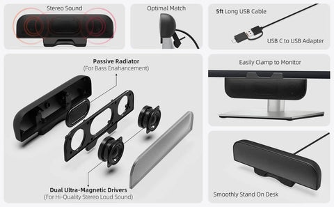 Plug And Play USB Computer Speakers For Desktop PC And Laptop Tiny Monitor Soundbar With Deep Bass components and features