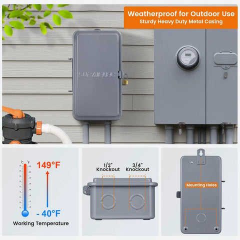 Heavy Duty 40 Amp Digital Pool Timer With 7 Day Programmable Schedule For Swimming Filters Hot Water Tanks And Spa Controls showing weatherproof metal casing.