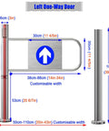 No Sweat Self Closing Security Gate With Spring Hinged Post Mount For Indoor Or Outdoor Use, 90 Degree Swing Entrance Door with dimensions.
