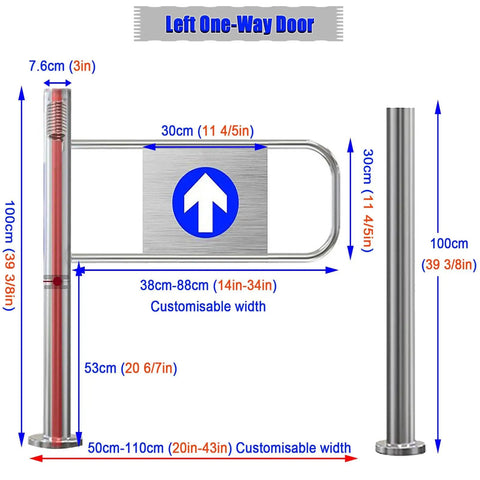 No Sweat Self Closing Security Gate With Spring Hinged Post Mount For Indoor Or Outdoor Use, 90 Degree Swing Entrance Door with dimensions.