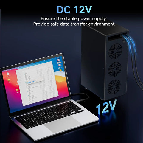 No Sweat Storage Beast 10 Bay Aluminum Desktop Raid Enclosure With Active Cooling Fan connected to laptop via USB cable.