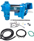 Heavy Duty 20 GPM 12 Volt Fuel Transfer Pump With 50 Amp Auto Fuse built for gasoline, diesel, and kerosene transfers with hose and nozzle.