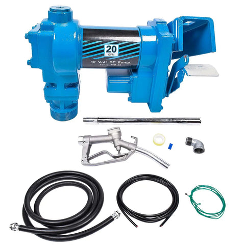Heavy Duty 20 GPM 12 Volt Fuel Transfer Pump With 50 Amp Auto Fuse built for gasoline, diesel, and kerosene transfers with hose and nozzle.