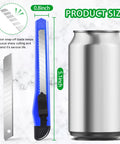 Blue plastic box cutter with retractable 9mm snap-off blade and black grip, shown beside a blade strip for scale.