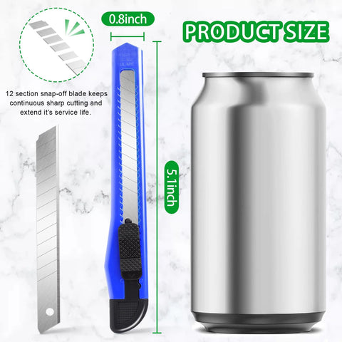 Blue plastic box cutter with retractable 9mm snap-off blade and black grip, shown beside a blade strip for scale.