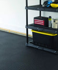 Black interlocking 18x18 inch raised coin floor tiles in home garage with storage shelves. Durable plastic flooring for easy installation.
