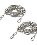 Two coiled 6.5 ft 1/8 inch stainless steel chains with carabiners, part of One Eighth Inch Stainless Steel Link Chain Heavy Duty Coil Chain With Carabiners Two Pack 6.5 Ft Each 304 Stainless Steel Safety Chains For Swing Sets Fences Dogs Plants Anti Theft Anchor Or Towing