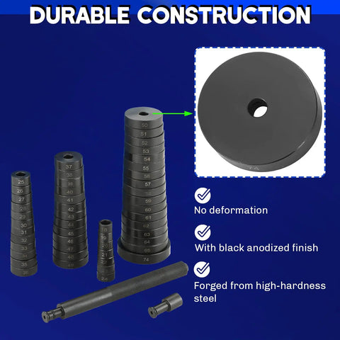 52 In 1 Custom Bushing Bearing Seal Driver Set For Transmission And Wheel Hub with 50 numbered discs in black anodized finish.
