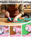 Versatile 45mm Rotary Cutter For Fabric With Five Extra Blades, Ergonomic Roller Cutter Design, shown cutting fabric, felt, cardboard.
