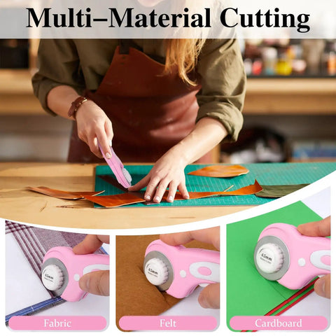 Versatile 45mm Rotary Cutter For Fabric With Five Extra Blades, Ergonomic Roller Cutter Design, shown cutting fabric, felt, cardboard.