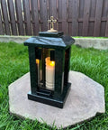 Black Granite Memorial Lantern Candle Holder for Tombstone and Graveside Cemetery Decor in garden setting, 13 Inch Tall