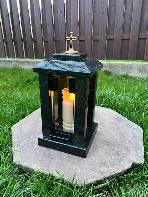 Black Granite Memorial Lantern Candle Holder for Tombstone and Graveside Cemetery Decor in garden setting, 13 Inch Tall