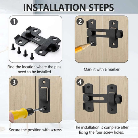 Installation steps for 3 Pack Barn Door Lock Kit Stainless Steel Gate Flip Latch for cabinets and sliding doors.