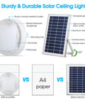 Diagram highlighting features of Solar Ceiling Light With Remote Control, showing measurements and solar panel details.