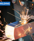 Close-up of welding machine working on metal piece, sparks flying, showcasing Pro Grade Welding Pencil Marker Kit With 24 Silver Round Refills