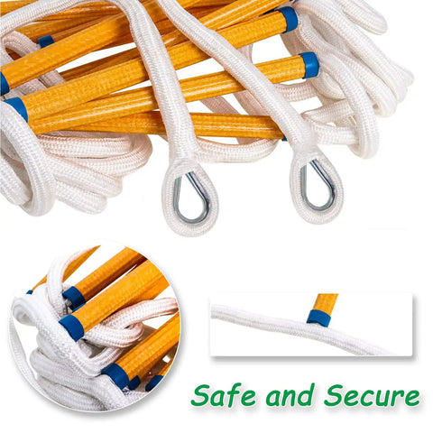 Close-up of 16 Ft Rope Fire Escape Ladder For 2 Story Homes showing hooks and sturdy ladder material