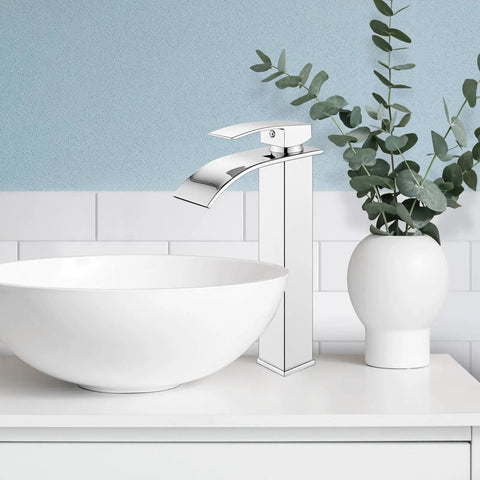 Waterfall Tall Bathroom Faucet 1 Hole Single Handle Vessel Sink Mixer Tap Stainless Steel With cUPC Hoses Modern Lavatory Chrome Faucet No Splash