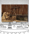 Cowboy Backdrop 7x5 Ft Vintage Western Barn Door Scene For Photoshoots And Parties with hay and wagon wheel