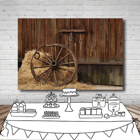 Cowboy Backdrop 7x5 Ft Vintage Western Barn Door Scene For Photoshoots And Parties with hay and wagon wheel