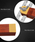 Close up of Heavy Duty T Bevel Gauge Angle Finder with smooth rosewood handle, brass inlay and stainless steel ruler.