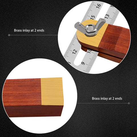 Close up of Heavy Duty T Bevel Gauge Angle Finder with smooth rosewood handle, brass inlay and stainless steel ruler.