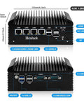 N150 Firewall Mini PC Crushing Network Tasks With 4X 2.5GbE i226V LAN And RS232 COM angled view showing ports and dimensions.
